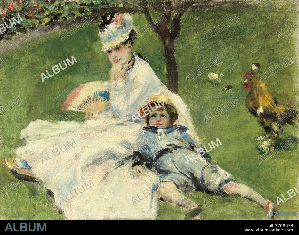 AUGUSTE RENOIR. Madame Monet and Her Son. Dated: 1874. Dimensions: overall: 50.4 x 68 cm (19 13/16 x 26 3/4 in.)  framed: 77.4 x 95.5 x 11.4 cm (30 1/2 x 37 5/8 x 4 1/2 in.). Medium: oil on canvas.