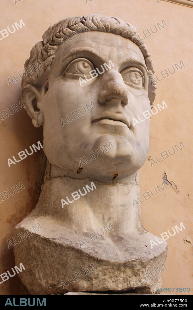 Detail from the Colossus of Constantine, an acrolithic statue that once occupied the Basilica of Maxentius in Rome. Portions of this colossal statue (A head, arm, knee and hand.) of Emperor Constantine now reside in the Palazzo dei Conservatori. Carved from white marble. Circa 312-315 AD.