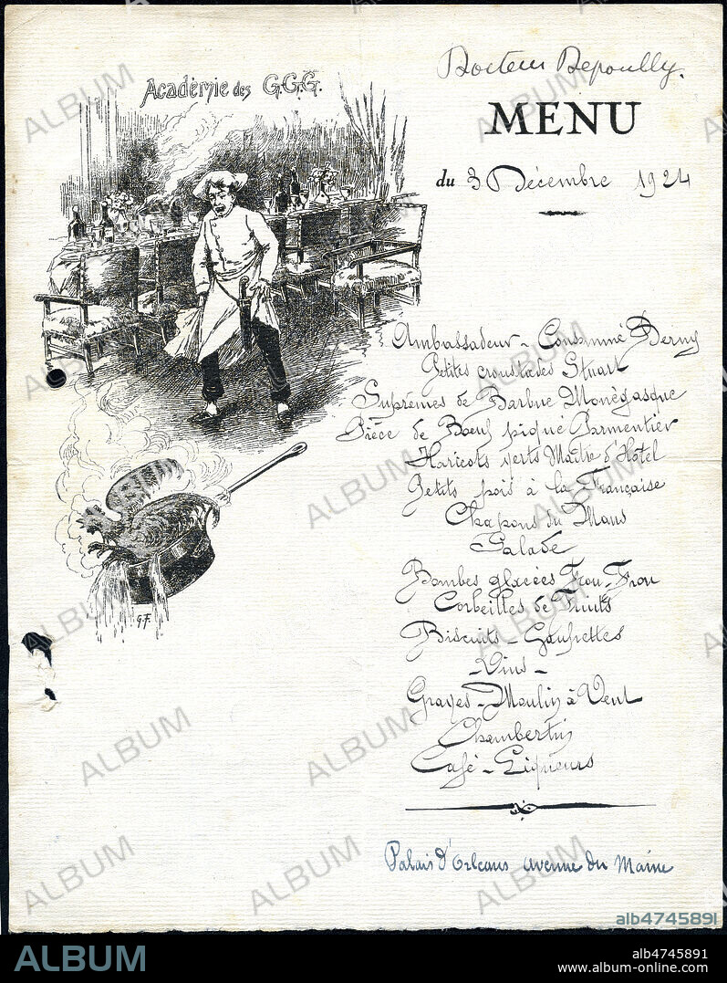 Menu de decembre 1924 d'un repas donne par le docteur Depoully au restaurant Palais d'Orleans, a Paris. Credit : Collection IM/KHARBINE-TAPABOR.