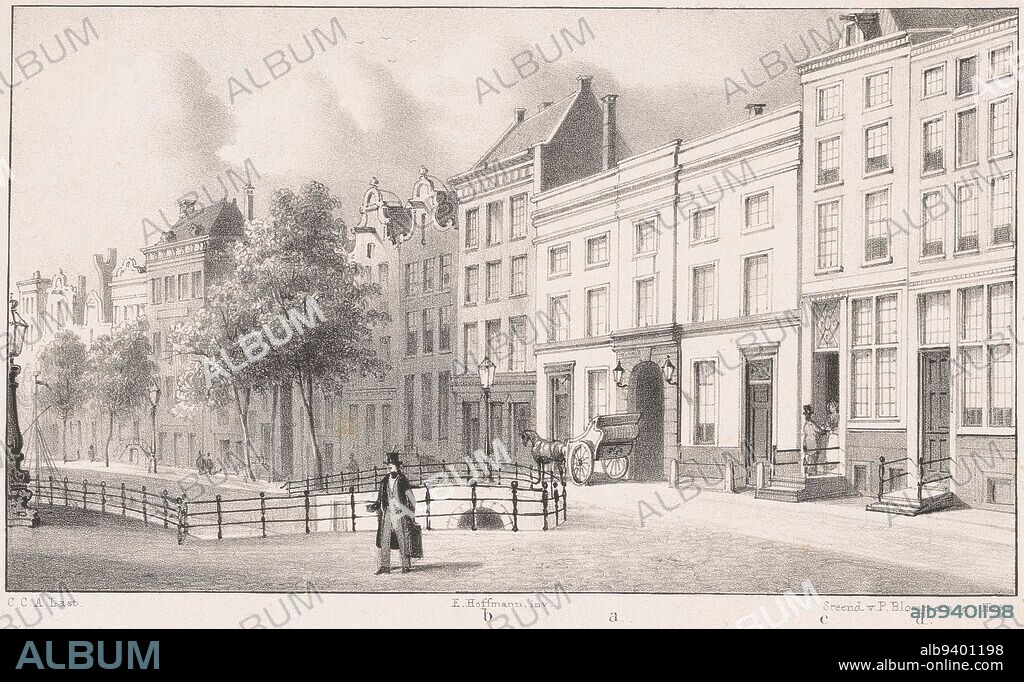 Old post office in Amsterdam, Carel Christiaan Antony Last, after E. Hoffmann, c. 1854, Below the image the buildings that were demolished in 1854 for the new post office are marked with the letters a, b, c and d. The buildings were on the Nieuwezijds Voorburgwal. In the foreground the Dark Lock., print maker: Carel Christiaan Antony Last, (mentioned on object), E. Hoffmann, (mentioned on object), printer: P. Blommers (Steendrukkerij van), (mentioned on object), The Hague, c. 1854, paper, h 170 mm × w 250 mm.