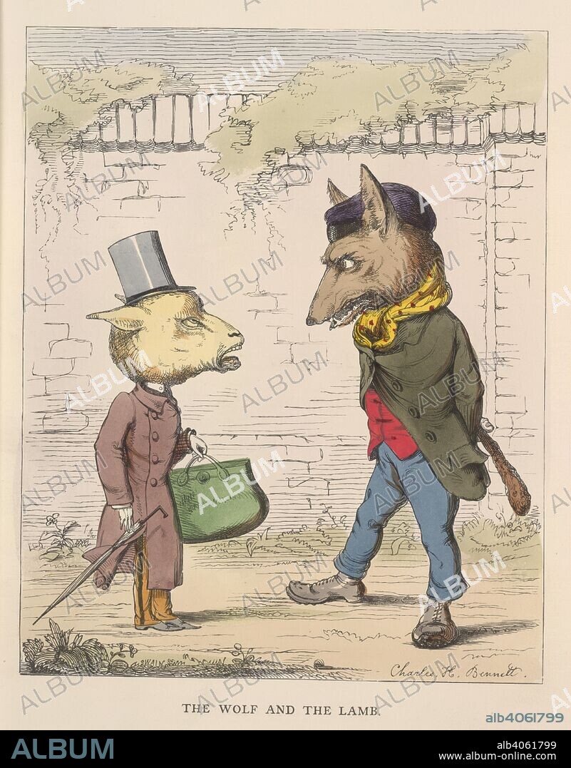 AESOP, C. H BENNETT and J SWAIN. The wolf and the lamb. The Fables of Ã†sop and others. Translated into hum. W. Kent & Co.: London, 1857. A lamb is confronted by a hungry thief, a wolf.  Image taken from The Fables of Ã†sop and others. Translated into human nature, designed and drawn on the wood by Charles H. Bennett, etc.  Originally published/produced in W. Kent & Co.: London, 1857. . Source: 12305.g.11, opposite 1. Language: English.