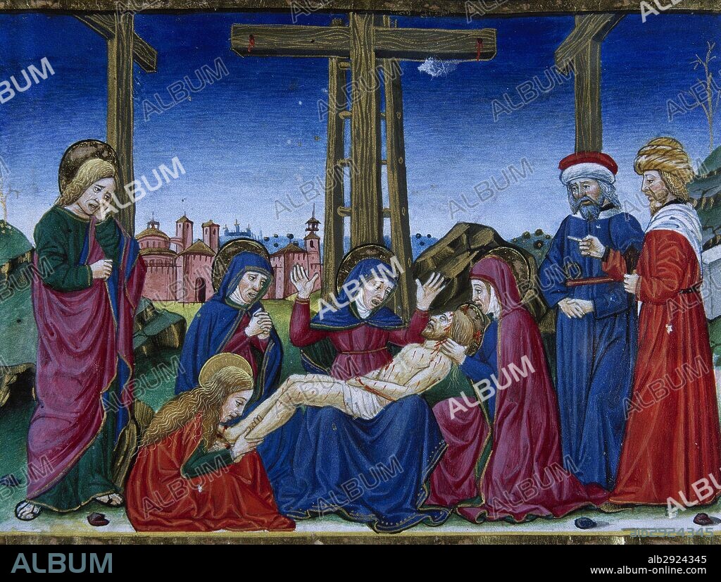 "DESCENDIMIENTO DE LA CRUZ". Página miniada del CODICE DE PREDIS. Renacimiento-Quattrocento (siglo XV). Biblioteca Real. Turín. Italia.