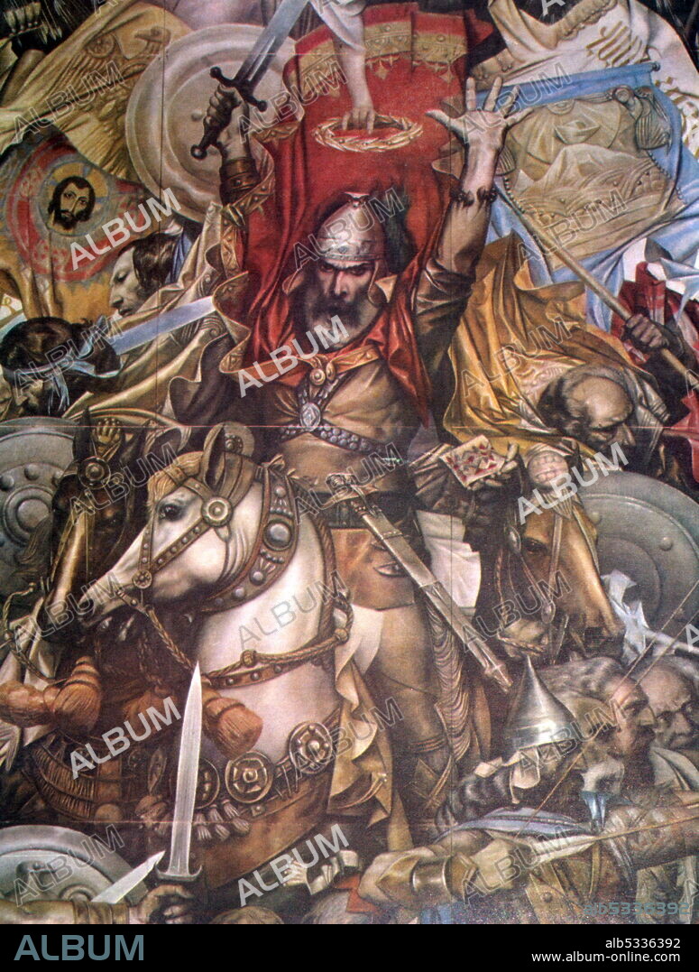 The Battle of Avarayr, 451 between a Christian Armenian army under Vardan Mamikonian and Sassanid Persia. It is considered one of the first battles in defense of the Christian faith. Tapestry by G. Khanjyan. 1981. Grigor Khanjyan (1926 - 2000) was a highly celebrated Soviet-Armenian artist, painter, and illustrator.