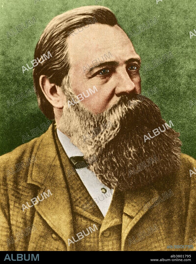 Color enhanced image of Friedrich Engels (1820-1895), a German philosopher and writer. The son of a textile manufacturer, Engels became a founder of modern communism and socialism, a friend and collaborator of Karl Marx, and coauthor of "The Communist Manifesto." Engels and Marx worked together closely and Engels even supported Marx financially. After Marx's death he edited the second and third volumes of "Capital." Engels published other books such as "The Condition of the Working Class in England," "The Peasant War in Germany" and "Origin of the Family, Private Property and the State.".