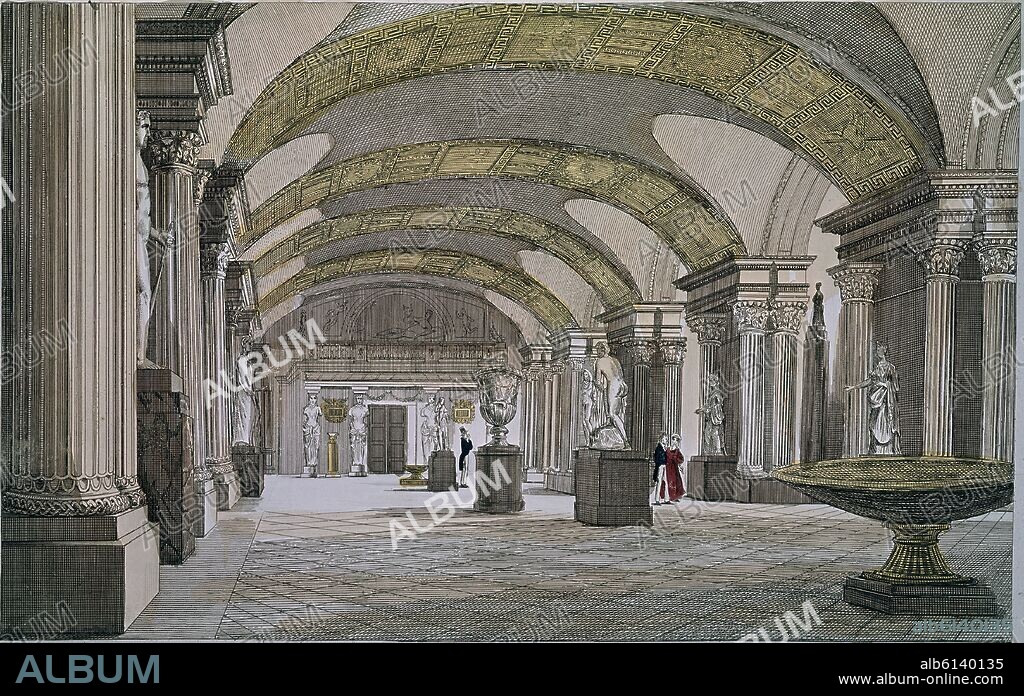 GRABADO-MUSEO DEL LOUVRE DE PARIS-SALA CARIATIDES.