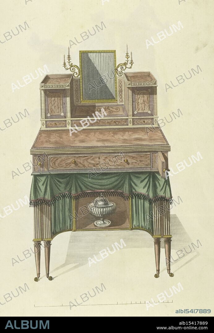 Wash stand with mirror., 1805 - 1806, Sheraton, Thomas, 1751-1806, Date Issued: 1805 - 1806, (Inferred), Place: London, Furniture, England, Cabinetwork, Engravings, Plates colored by hand., Extent: 39 x 25 cm., Gentleman's gaze deep, Mirror's reflection calm, Furniture's legacy.