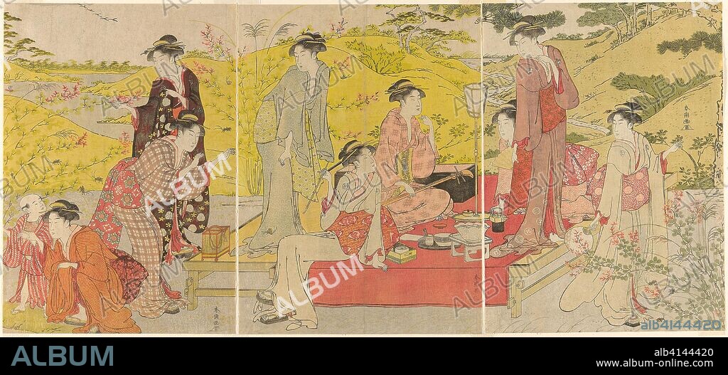 Picnic Party at Hagidera. Katsukawa Shuncho; Japanese, active c. 1780-1801. Date: 1780-1800. Dimensions: 34.4 x 75.2 cm (overall). Color woodblock print; oban triptych. Origin: Japan.