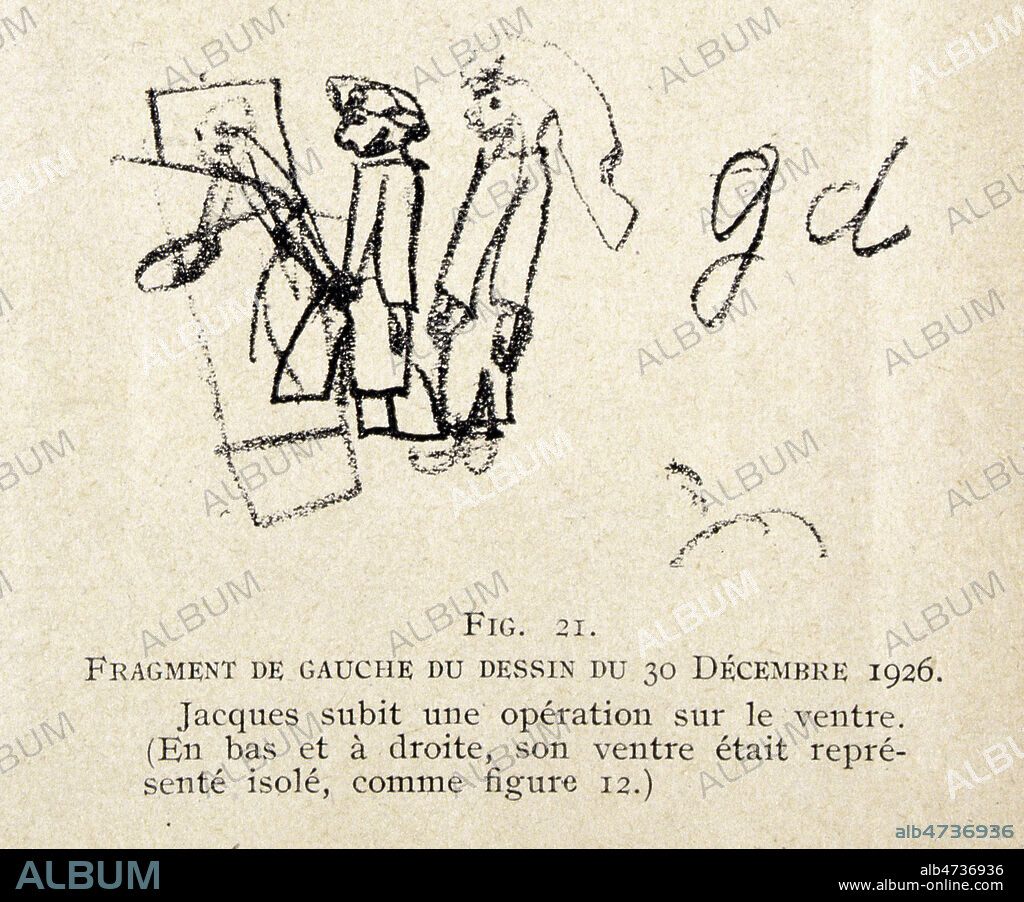 Fig. 21.Fragment de gauche du dessin du 30 décembre 1926..  Jacques subit une opération sur le ventre. (En bas et à droite, son ventre était représenté isolé, comme fig. 12.) "Ayant constaté que l'unique moyen d'expression de Jacques était le dessin, je l'ai employé pour le traitement. Dès la première séance je l'ai fait dessiner. Je donnais à ces dessins des interprétations que Jacques approuvait ou désapprouvait par des signes de tête. C'est ainsi que je réussis à l'aider à exprimer ses conflits inconscients. Je lui demandais s'il avait un chagrin, lorsqu'il répondait affirmativement à ma question, je lui disais : « Dessine-le moi ». "Sophie Morgenstern, « Un Cas de Mutisme Psychogène », Revue Française de Psychanalyse, Première année, T. I, n° 3, Éd. G. Doin et Cie, 1927. 'Le mutisme psychogène infantile n'a, jusqu'à présent, été décrit nulle part. Dans le présent travail, je vais tâcher de montrer par quel conflit psychologique un enfant de 9 ans et demi s¿est trouvé emprisonné dans un mutisme qui a duré presque deux ans et dont le caractère spécial m'a permis de faire une étude psychanalytique assez étendue. C'est grâce à M. Heuyer que j'ai eu la possibilité de suivre de près et de soigner ce cas si intéressant et, jusqu'à présent, du moins à ma connaissance, unique.' Credit Jean VIGNE/KHARBINE TAPABOR Dans le présent travail, je vais tâcher de montrer par quel conflit psychologique un enfant de 9 ans et demi s¿est trouvé emprisonné dans un mutisme qui a duré presque deux ans et dont le caractère spécial m¿a permis de faire une étude psychanalytique assez étendue. C¿est grâce à M. Heuyer que j¿ai eu la possibilité de suivre de près et de soigner ce cas si intéressant et, jusqu¿à présent, du moins à ma connaissance, unique.' Credit Jean VIGNE/KHARBINE TAPABOR.