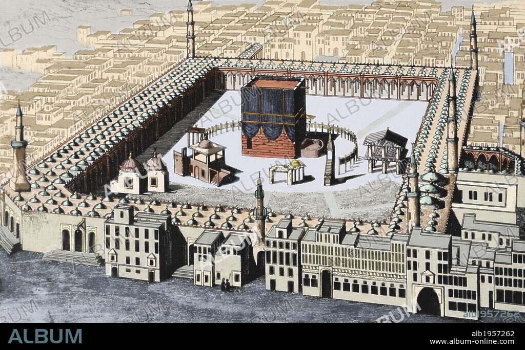 LA MEZQUITA DE LA MECA CON EL SANTUARIO DE LA KASBA, templo principal del mundo musulmán. Grabado coloreado del siglo XIX.