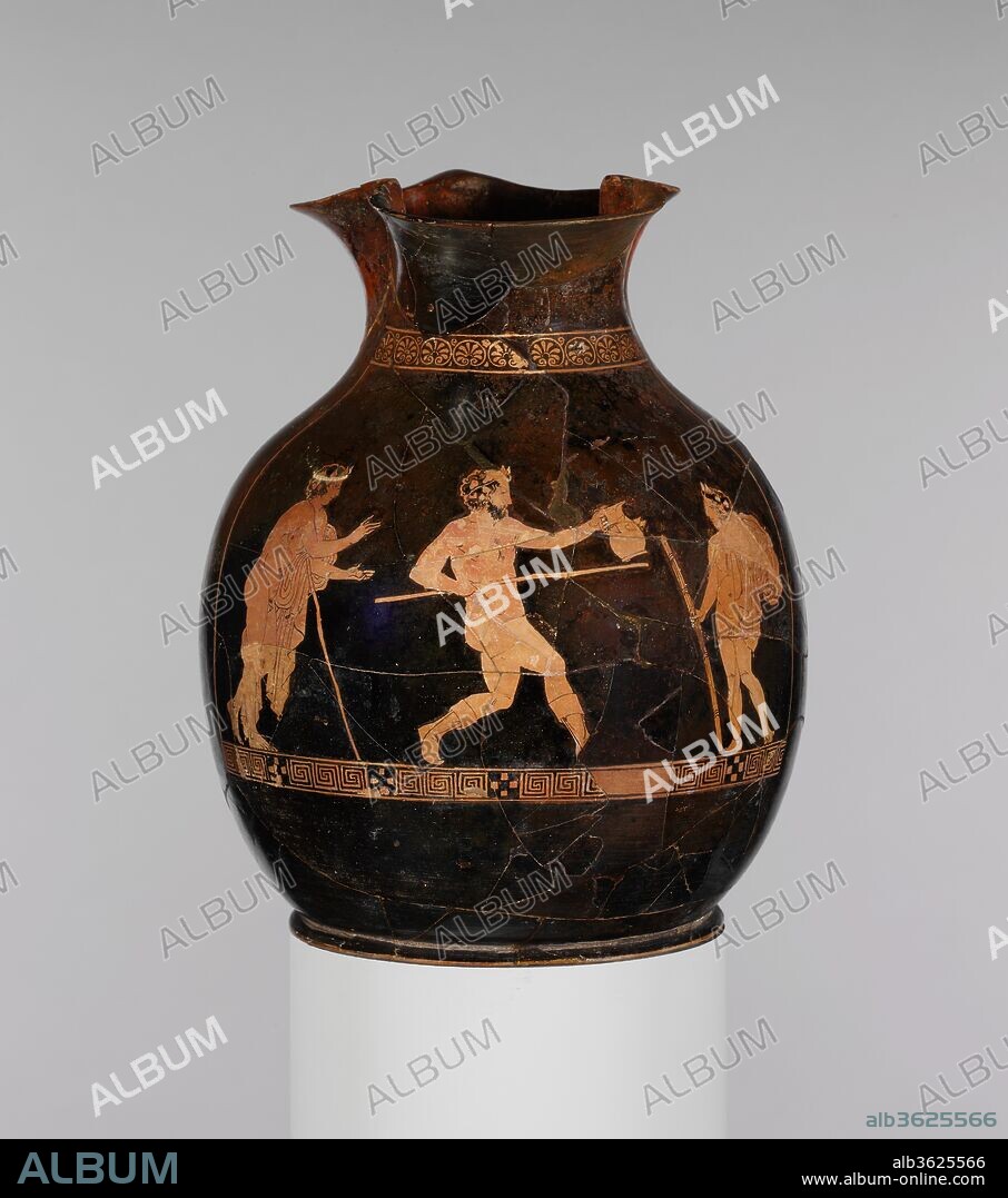 Terracotta oinochoe: chous (jug). Culture: Greek, Attic. Dimensions: H. 8 11/16 in. (22.1 cm). Date: ca. 420 B.C..
Three komasts (revelers)
The torch held by the figure at right and the jug brandished by the one in the center indicate that the men are "on the town." The shape of the vase situates their spree during the festival of the Anthesteria, devoted to Dionysos, the god of wine.