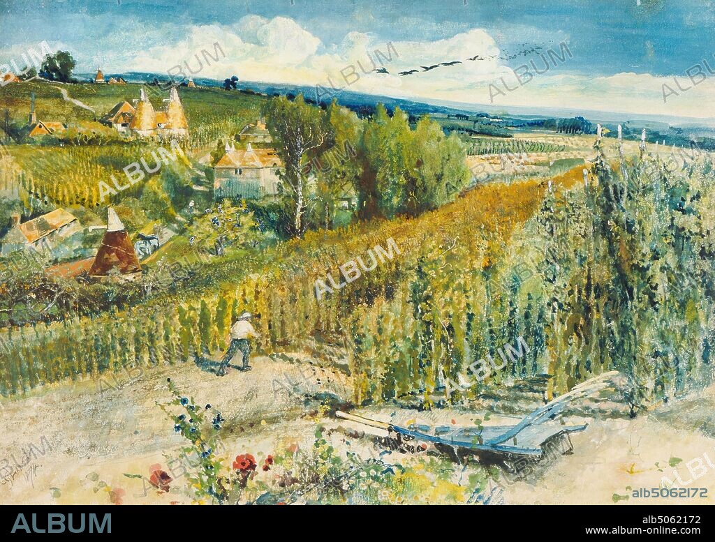 The Hop Gardens of Kent at Wrotham near Sevenoaks, 1874 Cecil Gordon Lawson, Landscape, Watercolour, England, Rural, Farming.