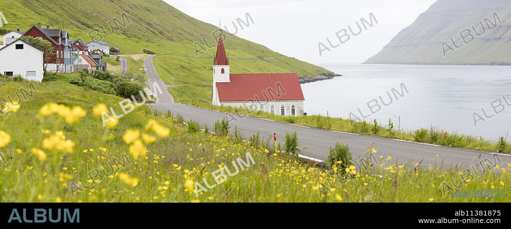 Panoramic of the traditional village of Husar, Kalsoy Island, Faroe Islands, Denmark, Europe.