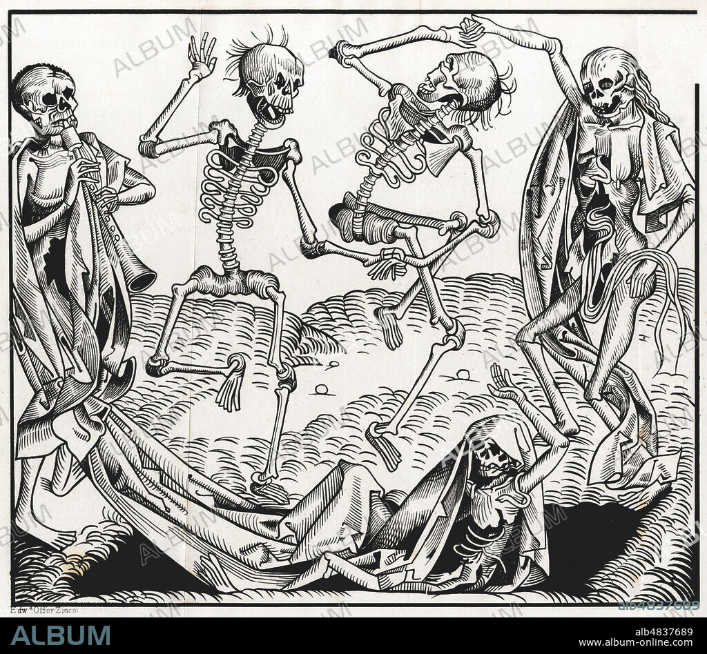 Danse macabre. Gravure anonyme de La Chronique de Nuremberg de 1493. Reprise en 1854 dans Histoire des livres populaires ou de la litterature de colportage par Charles NISARD (1808-1889). Credit : Collection Jonas/Kharbine-tapabor.