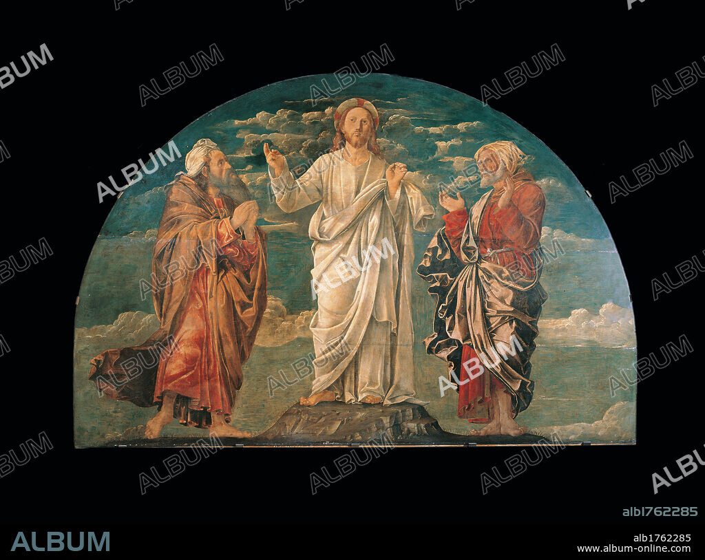The Transfiguration, by Girolamo da Aviano Strazzaroli, 15th Century,. Italy, Veneto, Venice, Accademia Art Galleries. All. Tabor sky Transfiguration Jesus Christ white garment tunic apostles disciples St Peter clouds. Authorization required for non editorial use.