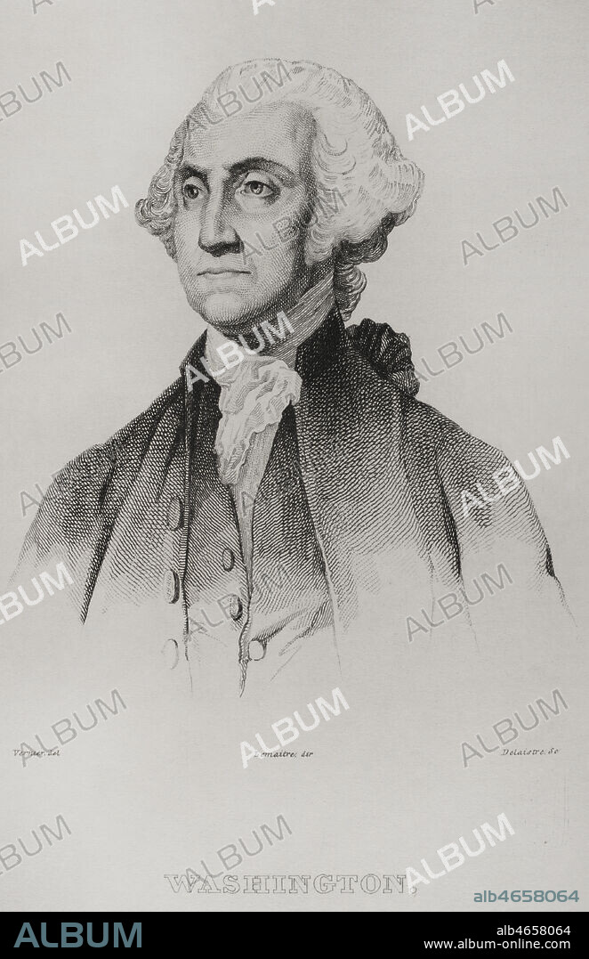 George Washington (1732-1799). First president of the United States (1789-1797). Commander-in-chief of the revolutionary Continental Army in the American War of Independence (1775-1783). Portrait. Engraving by Vernier. Panorama Universal. History of the United States of America, from 1st edition of Jean B.G. Roux de Rochelle's Etats-Unis d'AmŽrique in 1837. Spanish edition, printed in Barcelona, 1850.
