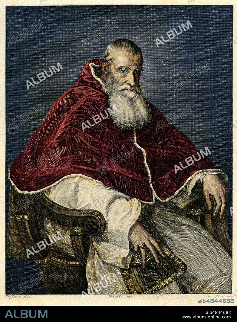POPE PAUL III (29 February 1468 - 10 November 1549), Alessandro Farnese, born in Rome, elected in 1534. Created cardinal by Alexander VI in 1493, only 25 years old, between 1500 and 1509 he had a relationship that he gave four illegitimate children, then legitimized. In 1538 he excommunicated Henry VIII, determining the division of the Church of England; he approved the order of the Capuchins in 1536 and that of the Jesuits in 1540; organized the Roman Inquisition and the Holy Office; he summoned the council of Trent in 1545 to try to save the fracture provoked in the Christian-Catholic world by the Protestant Reformation. He commissioned the frescoes in the Sistine Chapel to Michelangelo. Engraving by Ant. Daleò based on a drawing by Metalli, from a painting by Tiziano Vecellio, Italy 1546.