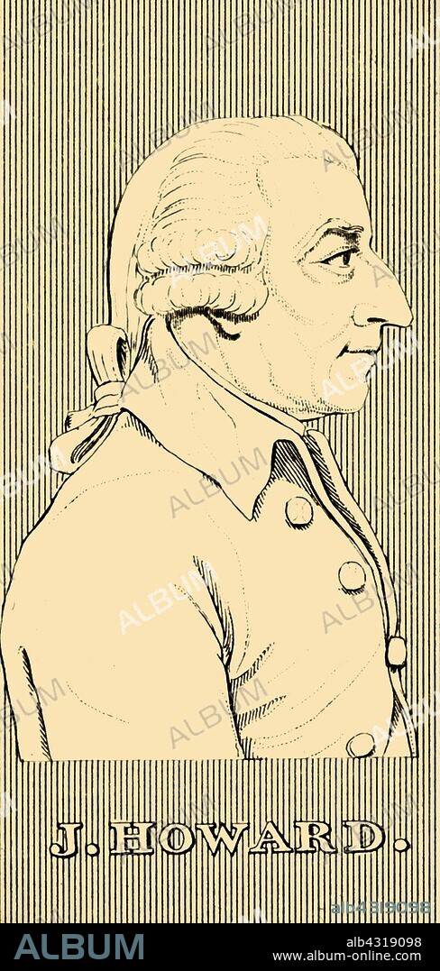'J. Howard', (1726-1790), 1830. John Howard (1726-1790) philanthropist and early English prison reformer, appointed High Sheriff of Bedfordshire in 1773.   From "Biographical Illustrations", by Alfred Howard. [Thomas Tegg, R. Griffin and Co., J. Cumming, London, Glasgow and Dublin, 1830].