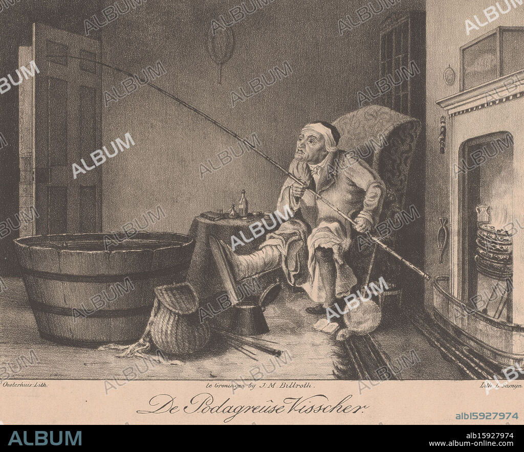 Angling man with foot gout, De Podagreûse Visscher (title on object), A man with foot gout (podagra) sits with a bandaged leg on a chair by a fireplace. In his hands he holds a fishing rod with which he fishes in the barrel of water in front of him. An open door on the left., print maker: Pieter Oosterhuis, printer: L. Samijn, publisher: Johan Martin Billroth, printer: Amsterdam, publisher: Groningen, 1834 - 1835, paper, height 233 mm × width 290 mm, print.