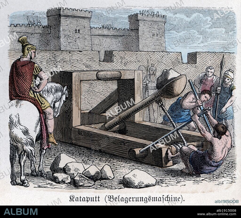 Historia Antigua. Roma. Máquinas de guerra, catapulta. Grabado alemán de 1865.