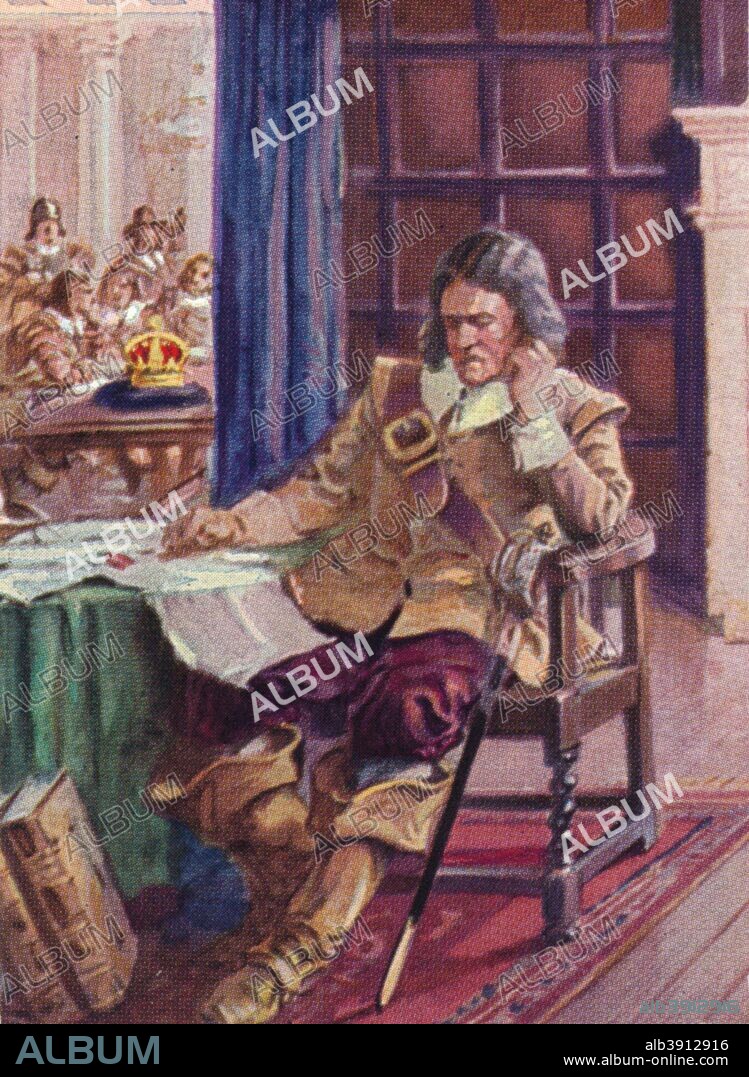Oliver Cromwell rejecting the crown, 1657. Oliver Cromwell (1599-1658), English military leader and politician, turns down the offer of the English crown.  From The Pageant of Kingship cigarette card series, issued by Peter Jackson Ltd., 1937.