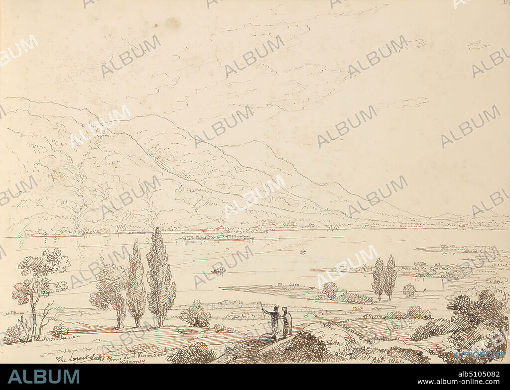The Lower Lake from Lord Kenmare's, Killarney, September 1841, Capt. Thomas Hastings, 17781854, British, 1841, Graphite and pen and brown ink on medium, slightly textured, cream wove paper, Sheet: 10 1/4 × 14 1/4 inches (26 × 36.2 cm) and Binding: 10 1/4 inches (26 cm), boats, islands, man, mountains, trees, woman, Ireland, Killarney, Lough Leane (lake).