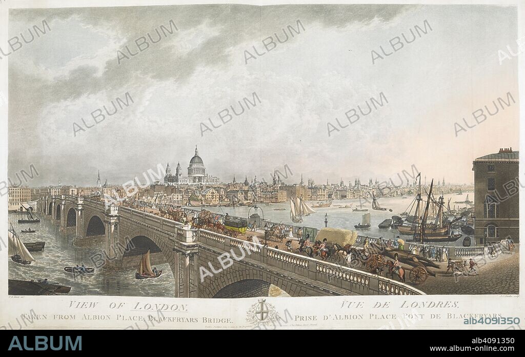 View of London, taken from Albion Place, Blackfryars Bridge'. A view of London across the Thames from Albion Place, with Blackfriars Bridge in the foreground and St. Paul's in the distance; numerous carriages, horses and people can be seen crossing the bridge, including an omnibus on six wheels and a cart dragging a tree trunk    . London : Publish'd May 2 1802, by the Proprietor, N.R. BLACK, at the Engraver's No.15, Villiers Street, Strand, [May 2 1802]. Source: Maps K.Top.21.61.2. Language: English.