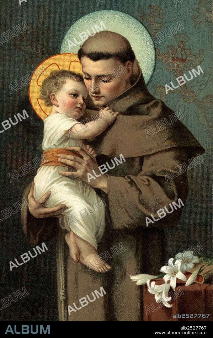 San Antonio de Padua (1195-1231), franciscano portugués, doctor de la iglesia. Grabado de 1920.
