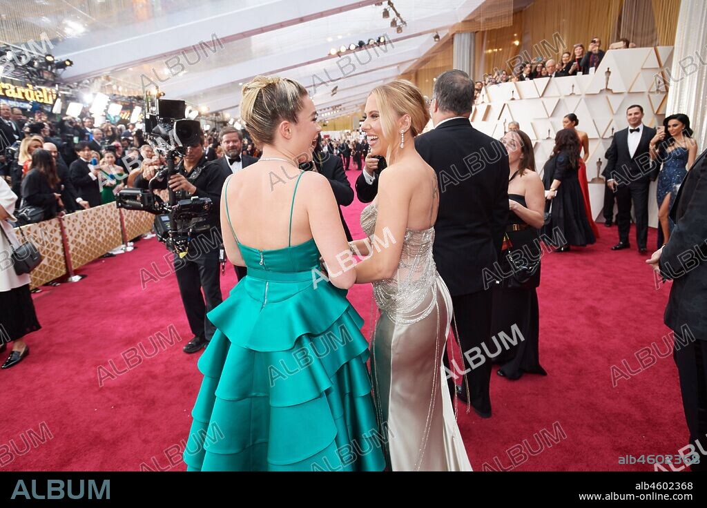 February 9, 2020, Hollywood, California, USA: Oscar nominees, Florence Pugh and Scarlett Johansson arrive on the red carpet of The 92nd Oscars at the Dolby Theatre in Hollywood, CA on Sunday, February 9, 2020. 09/02/2020