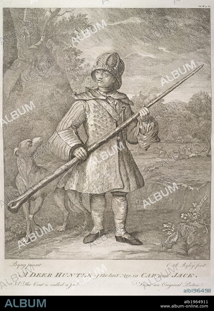 JOHN HUTCHINS. A deer hunter of the last age in cap and jack. (the coat is called a jack). He has a hunting dog with him and caries a large pointed stick or staff. The History and Antiquities of the County of Dorset; ... J. Nichols: London, 1796-1815. A English hunting scene. Illustration. Source: G.7447 between 66 to 67. Language: English.