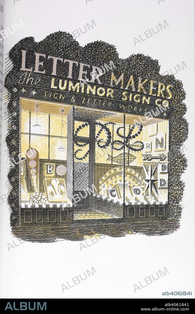 ERIC WILLIAM RAVILIOUS. 'Letter makers. The luminor sign co.' A shop front. . High Street. (A book of pictures of different kinds of shops.) Written by J. M. Richards. Illustrated by Eric Ravilious. London : Country Life, 1938. Source: 8234.ff.2 plate opposite page 20.
