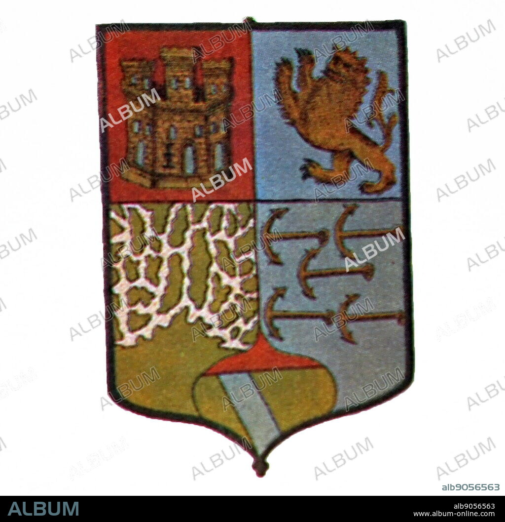 Columbus' coat of arms created in 1502. Christopher Columbus (1451-1506) an Italian explorer, navigator, and colonizer. Dated 16th Century.