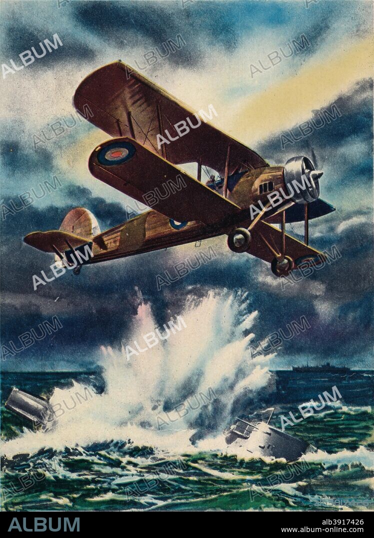 An artist's impression of a Fairey Swordfish sinking a U Boat in the North Sea', 1940. The Fairey Swordfish was a torpedo bomber biplane designed by the Fairey Aviation Company and W.S. Hunt. It was used by the Fleet Air Arm of the Royal Navy during the World War II. After a picture produced by the Bristol Aeroplane Co. Ltd. From 'Our Air Force' published by Ward, Lock & Co., Ltd., 1940.