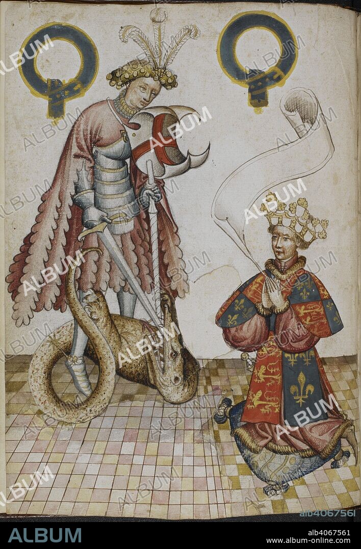 Portrait of Sir William Bruges, a Knight Founder of the Order of the Garter, kneeling before St. George, as patron of the Order. Above, two garters. Pictorial book of arms of the Order of the Garter ('William Bruges's Garter Book'). England, S. E. (probably London); c. 1430- c. 1440 (before 1450). Source: Stowe 594, f.5v. Language: English.