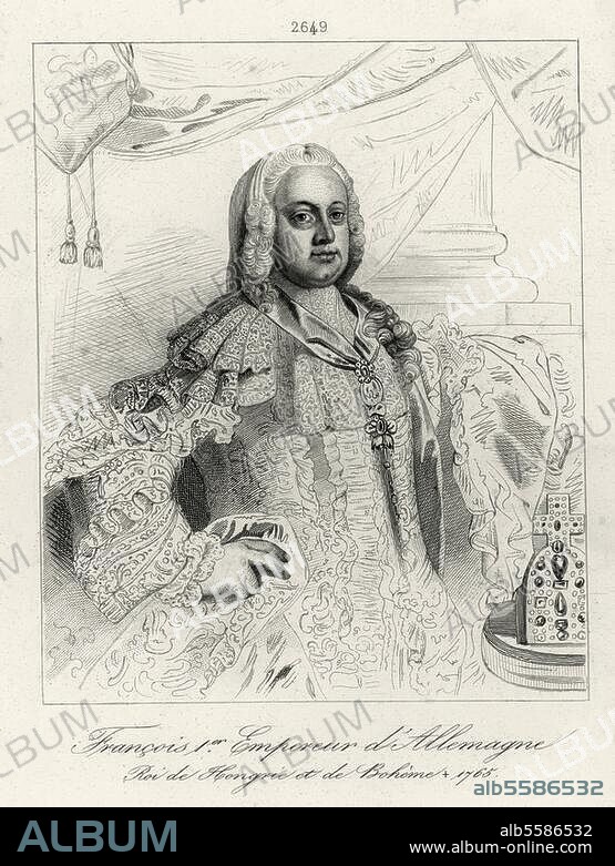 Franz I., römisch-deutscher Kaiser (1745-65), als Herzog von Lothringen (1729-38) und Großherzog von Toskana (1737-65). Franz Stephan (Gemahl Maria Theresias), Nancy 8.12.1708 - Innsbruck 18.8.1765. Porträt. Stahlstich, um 1850, nach Gemälde von Martin van Meytens d. J. (1695-1770). Berlin, Sammlung Archiv für Kunst und Geschichte.
