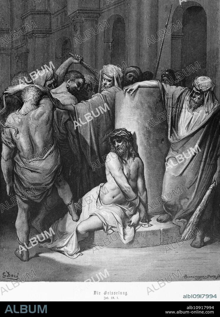 The scourging of Jesus, Gospel of John, chapter 19, Pilate, thorns, crown, beat, scourge, agony, pain, sticks, king, Jews, New Testament, Bible, historical illustration 1886