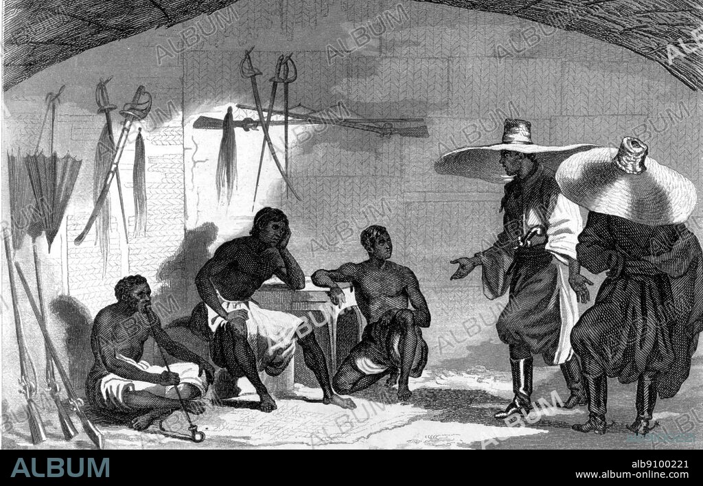 The Lander brothers (Richard and John), after landing at Badagry. John Lander (1807-1839) was the younger brother of Cornish explorer Richard Lemon Lander and accompanied him on his first expedition to western Africa. 'They came ashore from His Majesty's brig Clinker dressed in baggy Turkish trousers, bright loose-fitting gowns, and sporting a pair of enormous straw hats, each as large as an umbrella. The local girls found the sight so extraordinary that they turned aside to conceal their giggles.' The African Adventure - A History of Africa's Explorers by Timothy Severin, page 131.