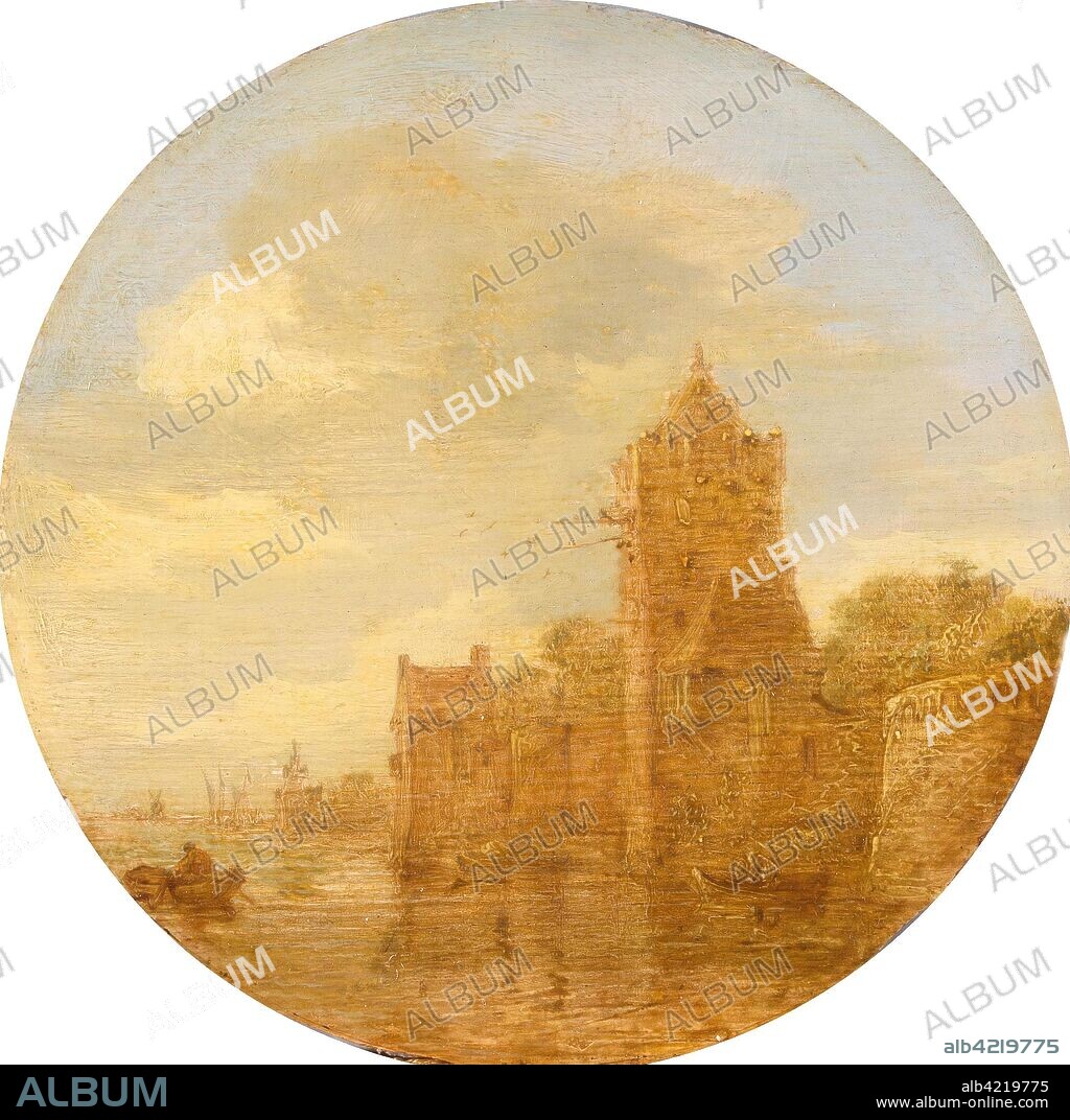 JAN VAN GOYEN. 'A Tower on a Riverbank'. Holland, 1641. Dimensions: diam. 15,5 cm.