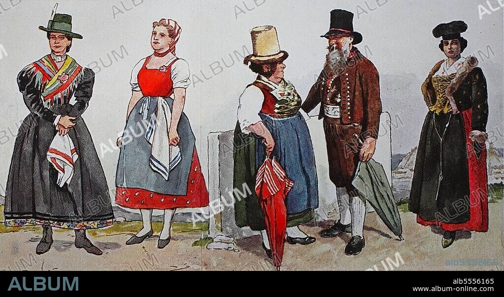 Mode, Trachten, Kleidung in Österreich 1850, von links, Tracht in Seewiesen, Steiermark, Tracht in Tullnerboden, Niederösterreich, altes Paar aus Zell am See um1900 und eine Steirerin aus Graz, Steiermark, digital verbesserte Reproduktion einer Illustration aus dem 19. Jahrhundert.