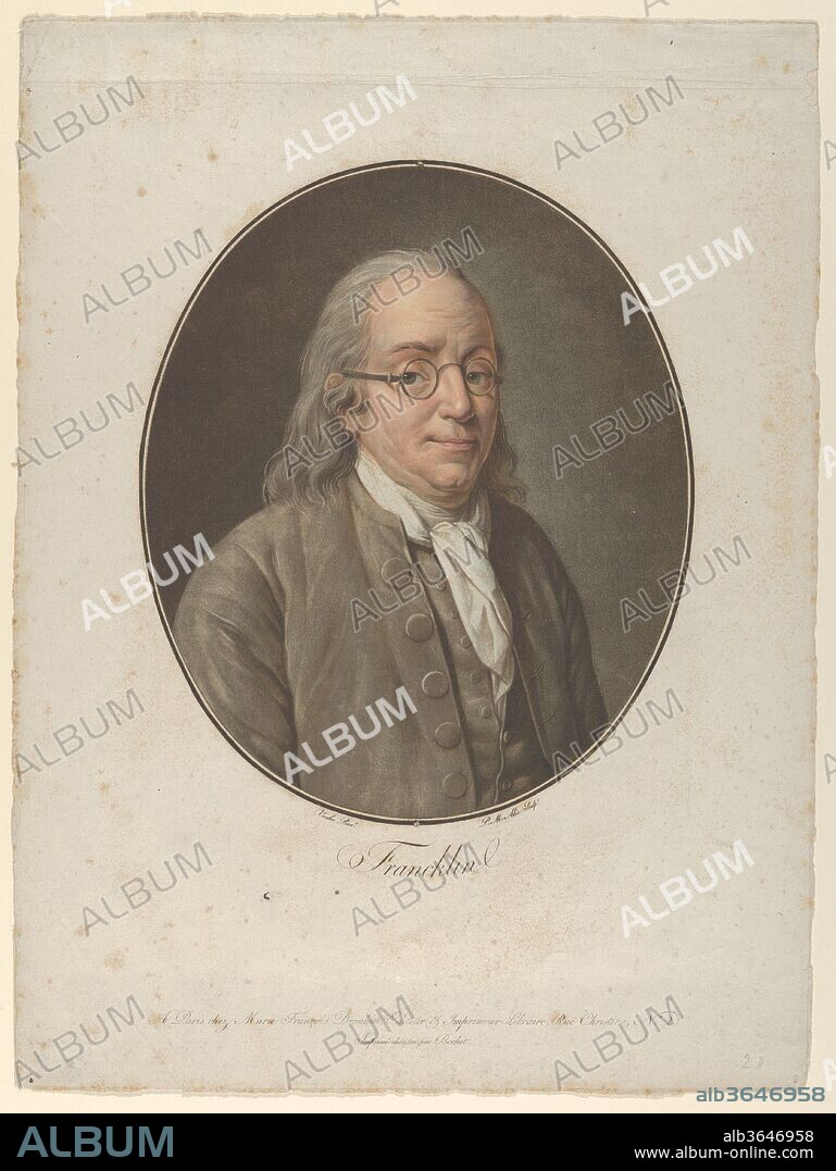 PIERRE MICHEL ALIX and AFTER CARLE (CHARLES ANDRÉ) VANLOO. Portrait of Franklin, after Vanloo. Artist: Pierre Michel Alix (French, Paris 1762-1817 Paris); After Carle (Charles André) Vanloo (French, Nice 1705-1765 Paris). Dimensions: Sheet: 15 13/16 × 11 13/16 in. (40.2 × 30 cm). Sitter: Benjamin Franklin (American, 1706-1790). Date: ca. 1795.
