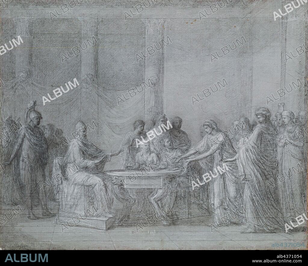 Jean-Joseph Taillasson, French, 1745-1809, Berenice Reproaching Ptolemy, c. 1802, Black and white chalk, pencil, and tempera on canvas, 19 1/2 x 23 3/4 (49.5 x 60.3).