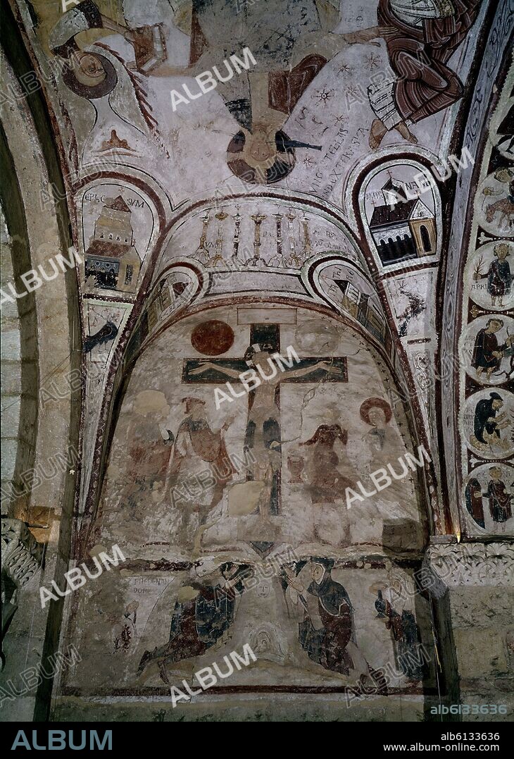 PANTEON REAL- CRUCIFIXION Y MONARCAS ORANTES- PINTURAS MURALES DE LA NAVE SEPTENTRIONAL - SIGLO XII.