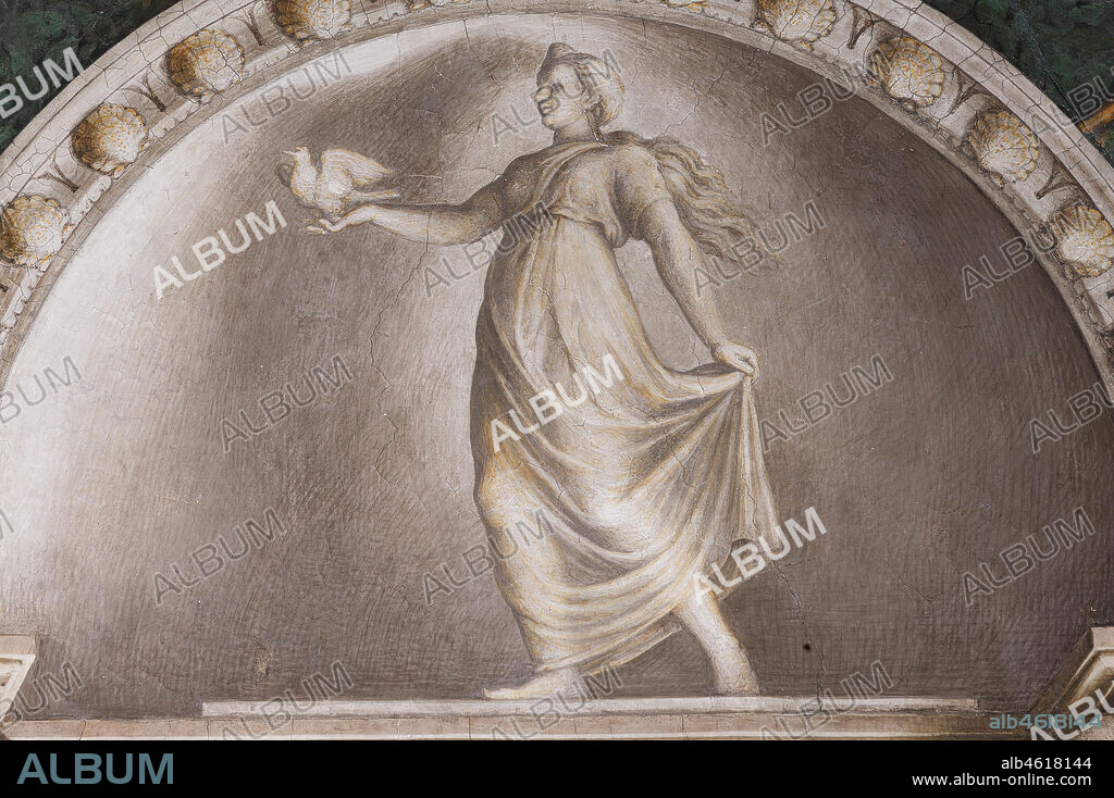 Parma, Former Monastery of St. Paul, Chamber of the Abbess or of St Paul or of Giovanna da Piacenza, the vault: frescoes on the theme of Diana by Antonio Allegri, known as il Correggio (1518-9). Detail with lunettes with monochrome fresco with statue: " Diana Lucifera".