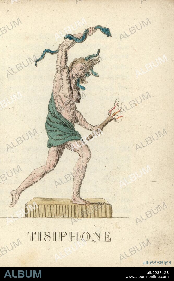 Tisiphone, one of the Greek Enrinyes or Roman Furies, goddess of vengeful destruction and murder, depicted with snakes and a torch. Handcoloured copperplate engraving engraved by Jacques Louis Constant Lacerf after illustrations by Leonard Defraine from "La Mythologie en Estampes" (Mythology in Prints, or Figures of Fabled Gods), Chez P. Blanchard, Paris, c.1820.