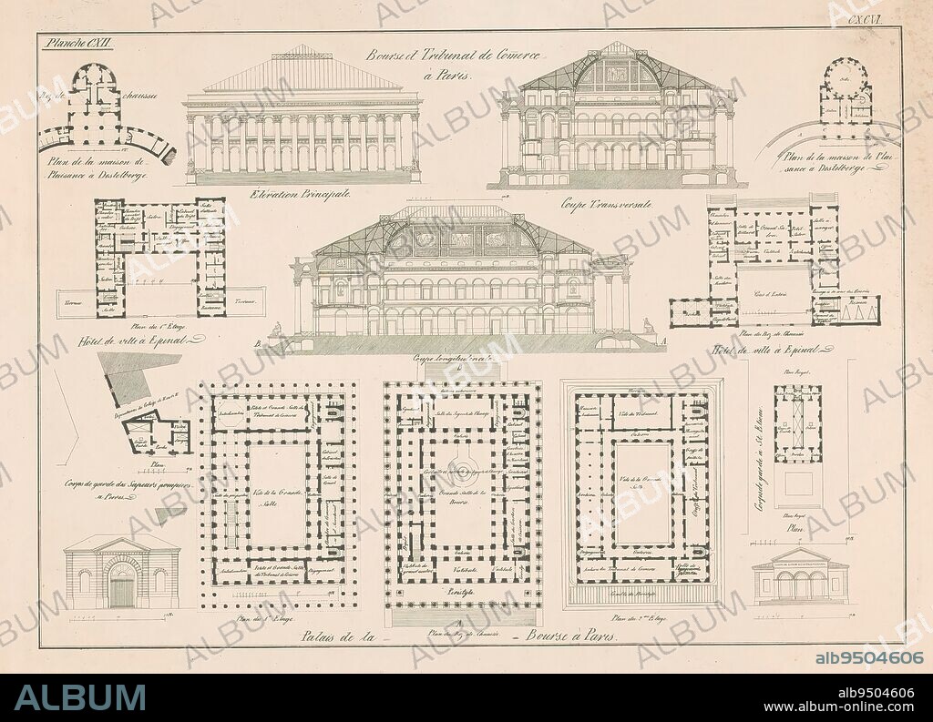 Schematic drawings and floor plans of the Bourse and Tribunal de commerce in Paris, Bourse et Tribunal de Comerce a Paris (title on object), print maker: anonymous, 1800 - 1900, paper, etching, engraving, height 516 mm × width 700 mm.