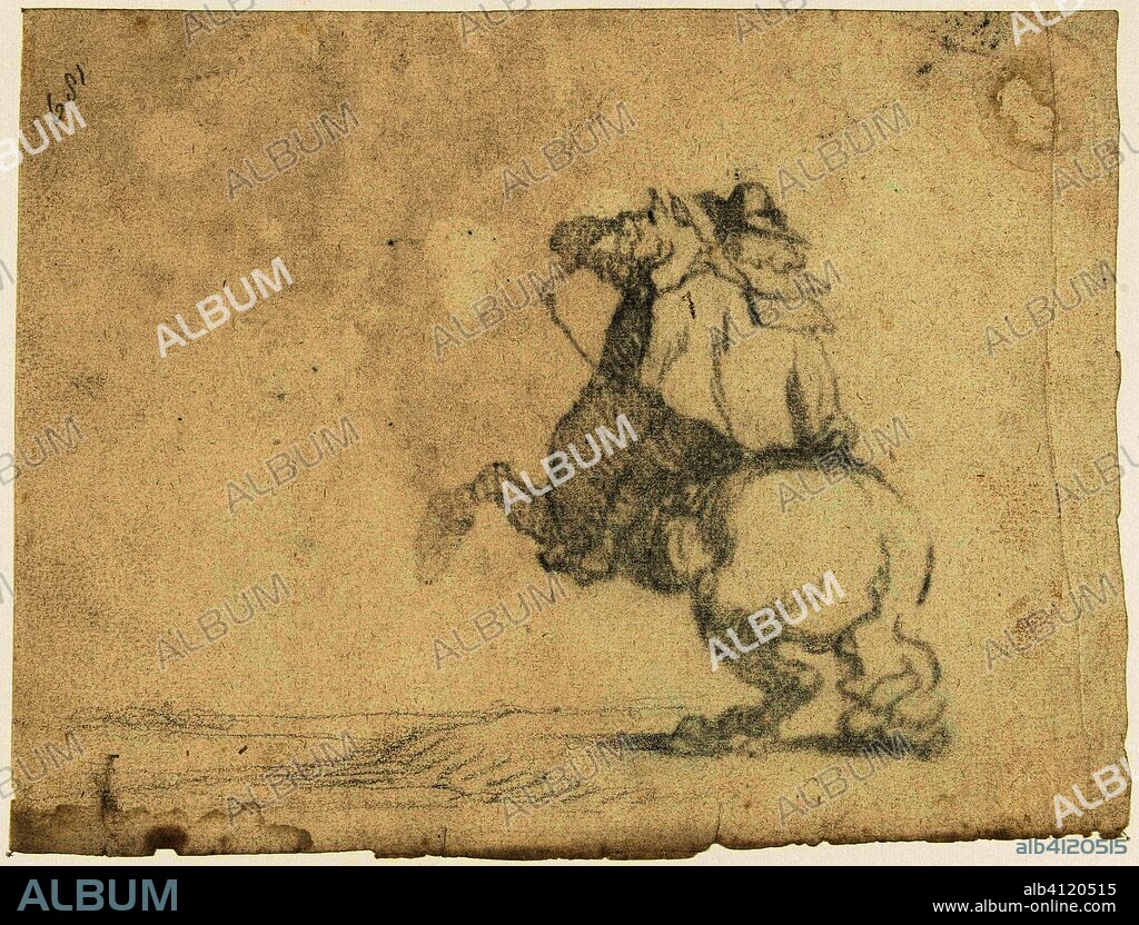 Prancing horse with rider. Draughtsman: Gerard ter Borch (II). Dating: c. 1630 - 1639. Place: Zwolle. Measurements: h 150 mm × w 198 mm.