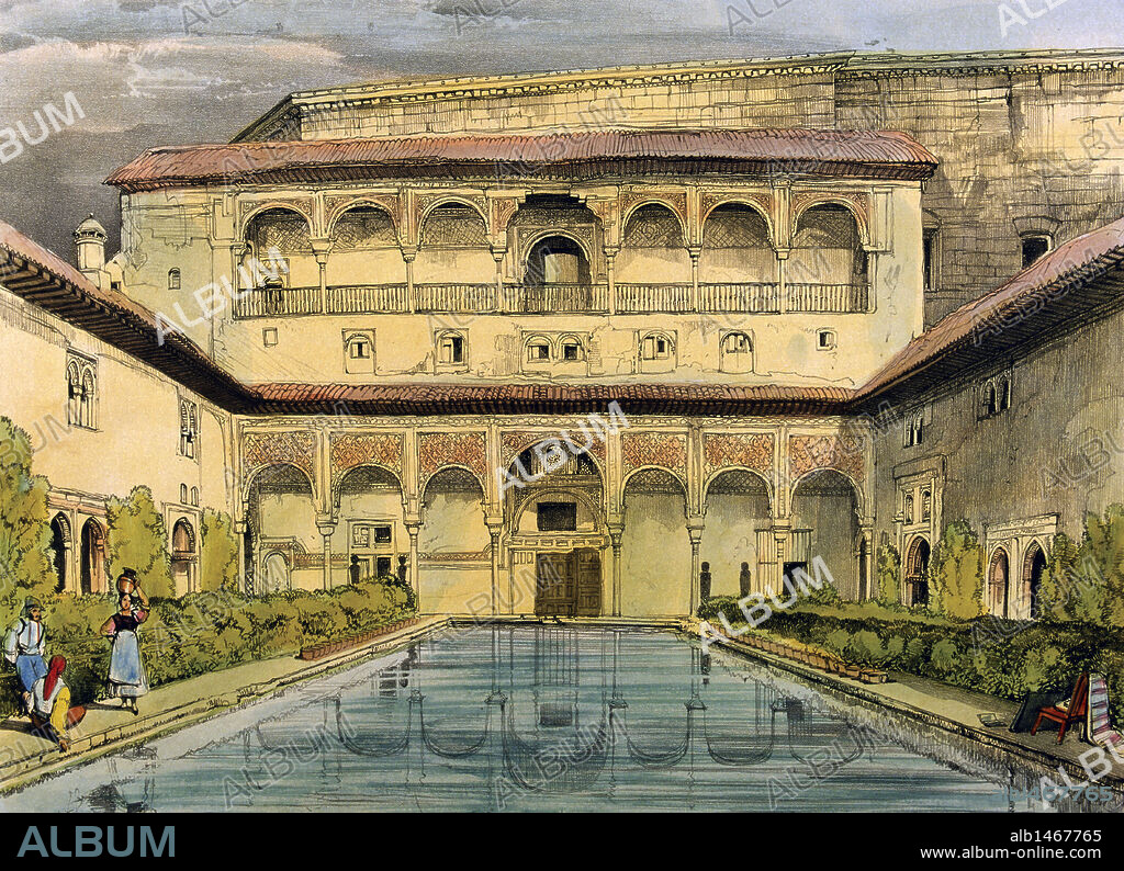 "La Alhambra. Patio de los Arrayanes". Granada, Andalucía. Dibujo de John Frederick Lewis, litografía de J. D. Harding. Londres, 1835. S. XIX.