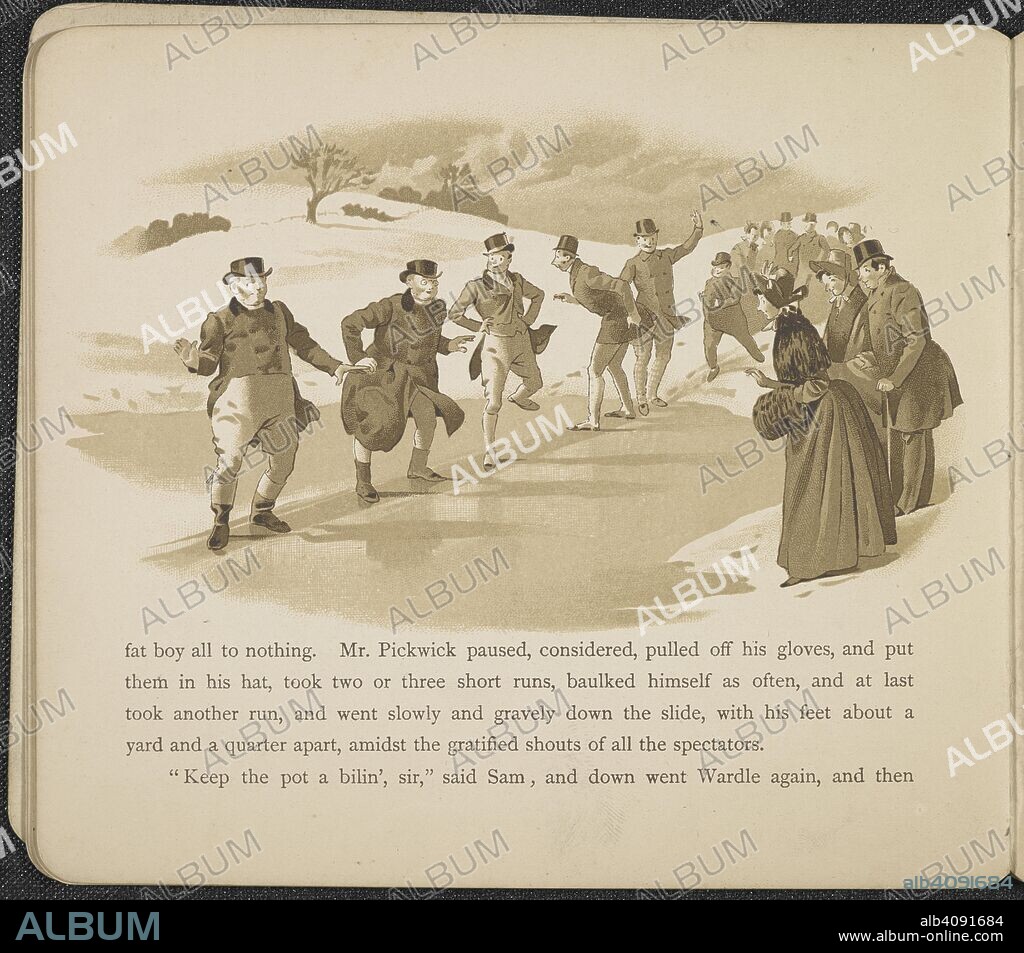 CHARLES DICKENS. Mr Pickwick and others, ice skating. Christmas at Manor Farm : from â€œThe Pickwick Papersâ€ / illustrated by W. J. Hodgson. London ; Belfast ; New York : Marcus Ward & Co., [ca. 1890]. Source: RB.23.a.13866 page 10.