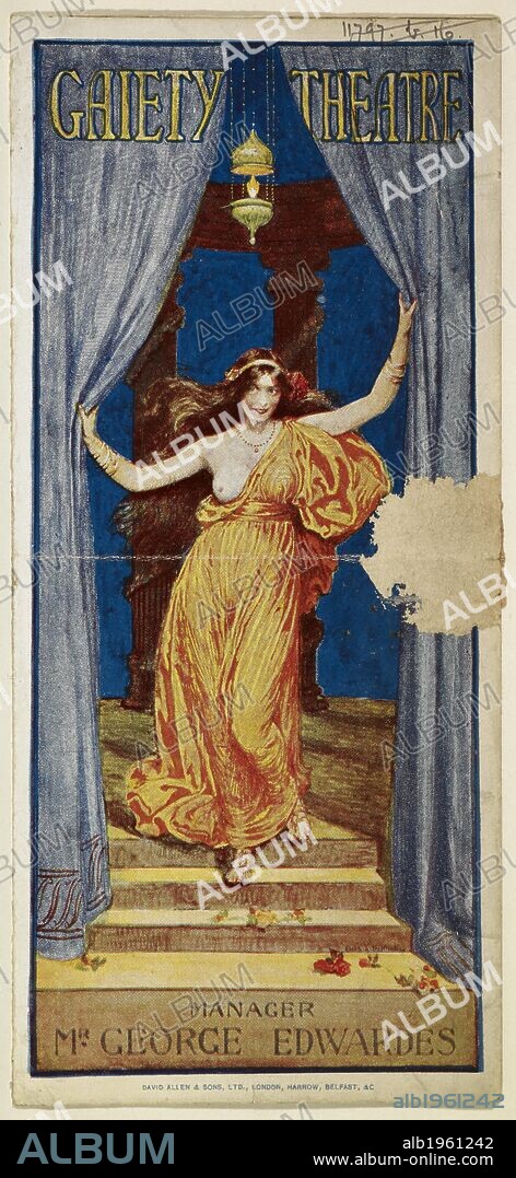 Front cover of the programme for "The girl on the film", a musical farce. A woman emerging from behind curtains, one breast exposed. A collection of programmes for performances at the Gaiety Theatre, London between 1898 and 1950. The majority between 1904-1920. London. Colour illustration. A three-act English operetta adaptation, given the title The Girl on the Film, was made by James T. Tanner with additional music by Albert Szirmai and English lyrics by Adrian Ross. It was produced by George Edwardes and opened at the Gaiety Theatre in London on April 5, 1913 until 5 December, running for 232 performances. Source: 11797.k.1. Language: English.