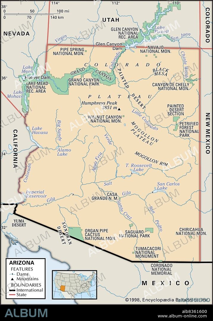 Physical map of Arizona.