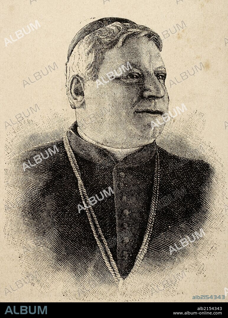 Luigi Jacobini (1832-1887). Cardenal italiano de la Iglesia Católica Romana y Secretario de Estado del Vaticano de 1880-1887. Grabado de "La Ilustración Nacional", año 1887.